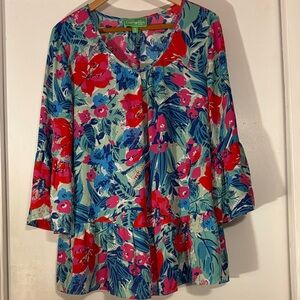 Cappagallo Floral peplum Blouse with Red and Blue Accents